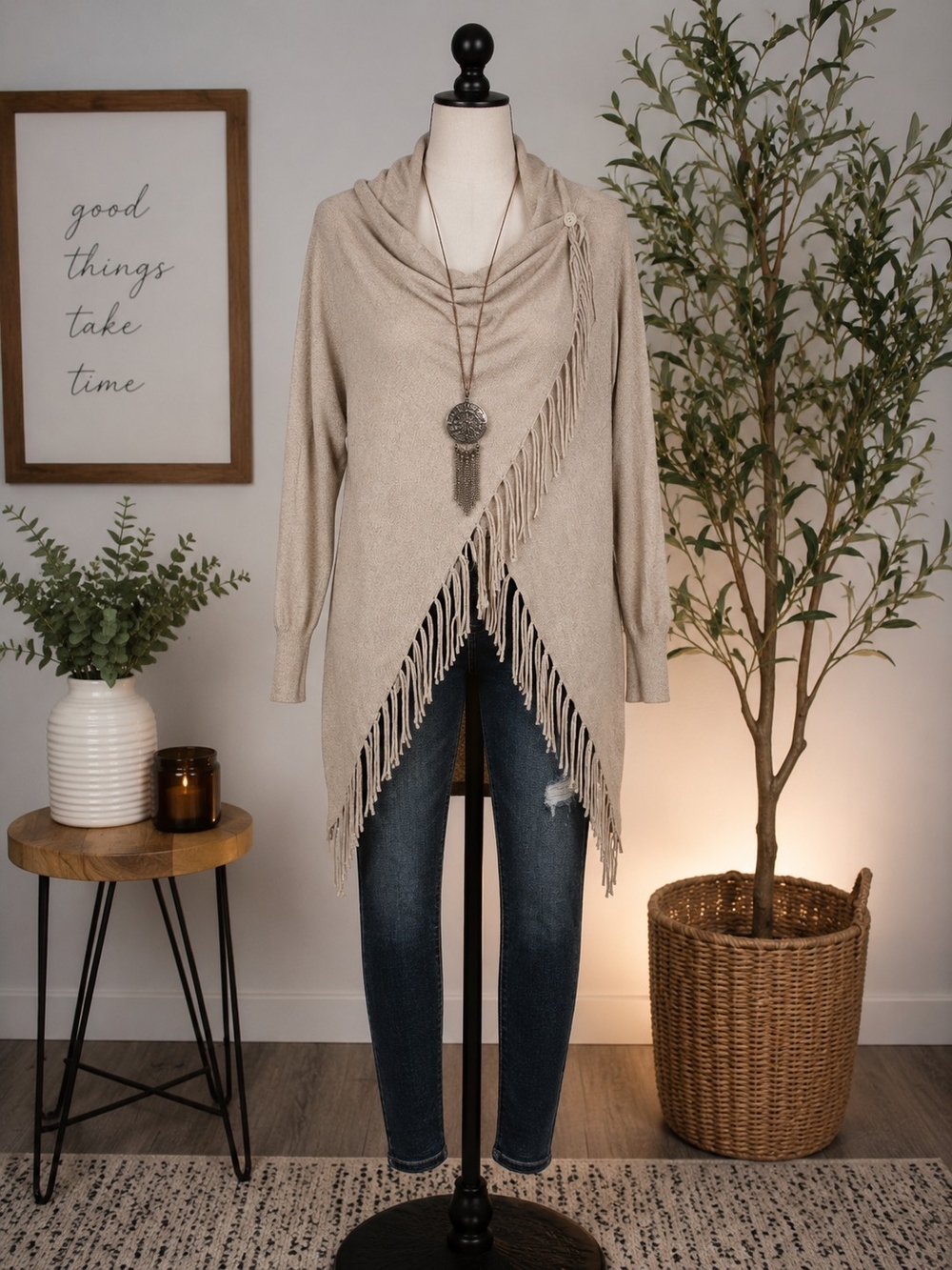 Fringe Drape Open-Front Sweater Poncho - Beige